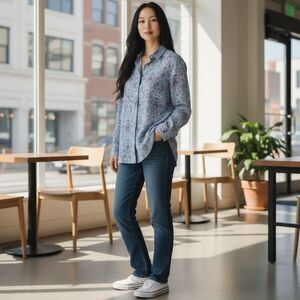 J. Jill Love Linen Essential Shirt Wms Sz L Blue Paisley Long Sleeve